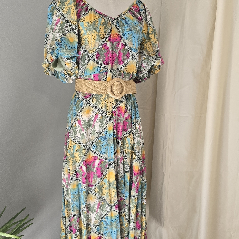 LOFT Palm Raffia Belt V-Neck Belted Dress Medium -Colorful